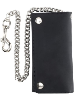 Men's Tri-fold Long Style Cowhide Top Grain Leather Steel Chain Wallet,Snap closure, Made In USA,