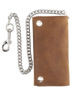 Men's Tri-fold Long Style Cowhide Top Grain Leather Steel Chain Wallet,Snap closure, Made In USA,