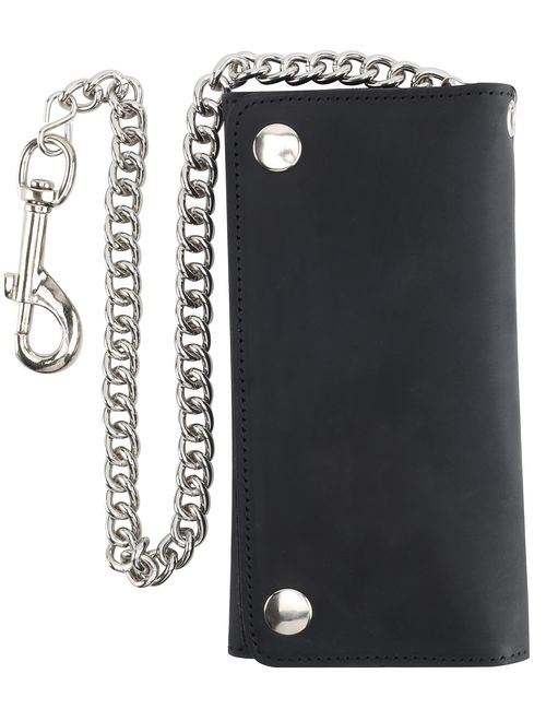 Men's Tri-fold Long Style Cowhide Top Grain Leather Steel Chain Wallet,Snap closure, Made In USA,