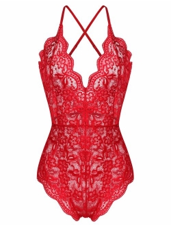 RSLOVE Women Lace Teddy Lingerie Chemise V-Neck One Piece Babydoll Mini Bodysuit