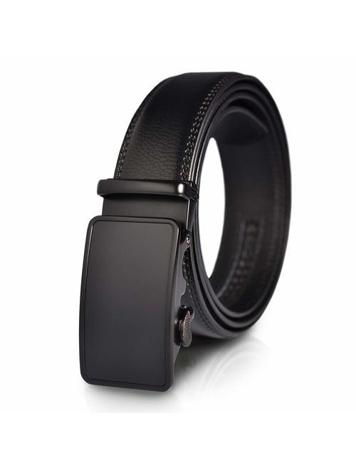 Leather Belt Men's Ratchet Belt Genuine Belt 1.3" Wide No Hole Leather Dress Black Belt