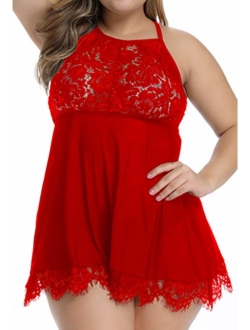 FlatterMe Plus Size Lingerie Babydoll Lace Floral Halter Sleepwear Set High Neck Chemise