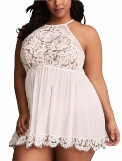 FlatterMe Plus Size Lingerie Babydoll Lace Floral Halter Sleepwear Set High Neck Chemise