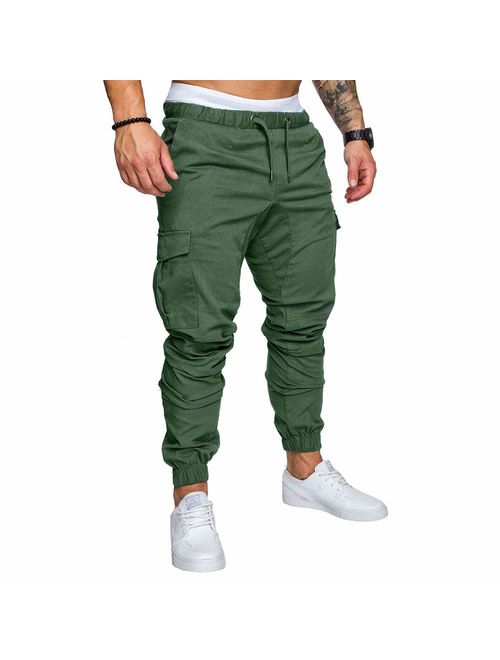 LINGMIN Men's Athletics Pocket Chino Cargo Pant Elastic Waist Trousers Jogger Pants