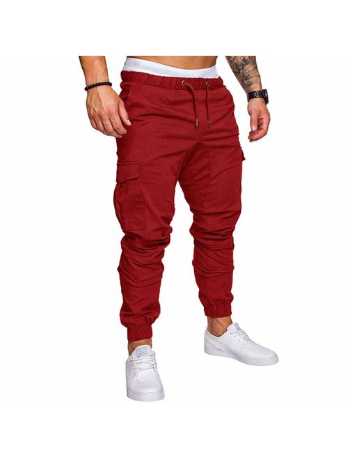 LINGMIN Men's Athletics Pocket Chino Cargo Pant Elastic Waist Trousers Jogger Pants