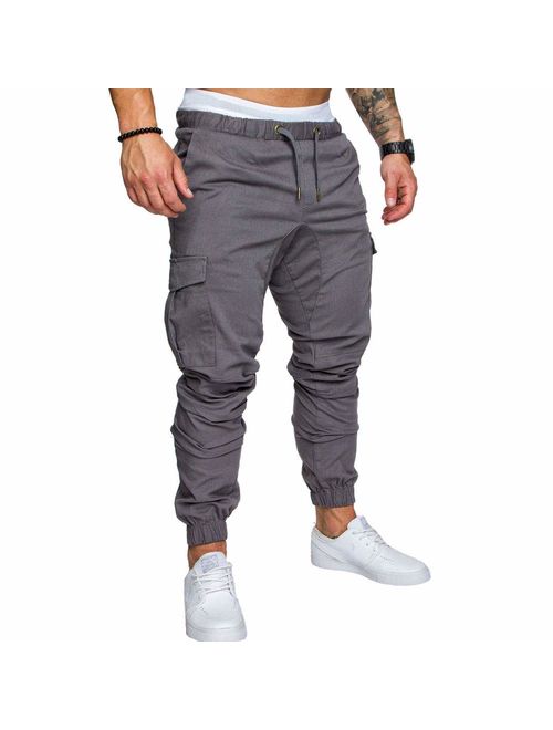 LINGMIN Men's Athletics Pocket Chino Cargo Pant Elastic Waist Trousers Jogger Pants