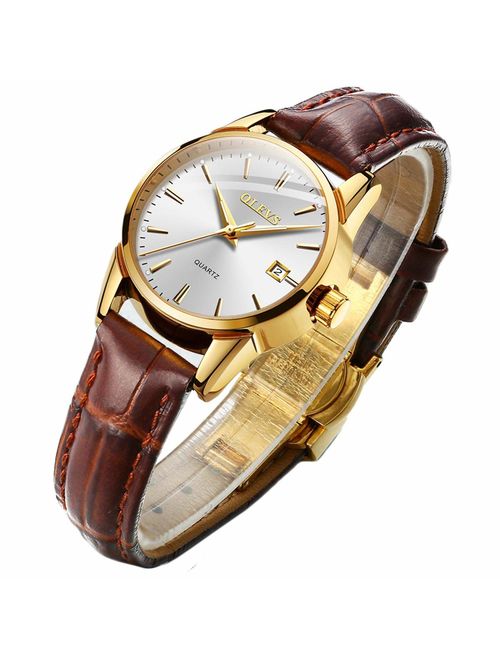 Men Women Watches Brown Leather-OLEVS Classic Analog Quartz Watch Week Date Casual Luminous Black/Blue/White Dial 3ATM Waterproof Wrist Watch Lovers