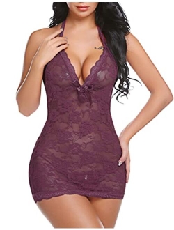 Women Lingerie Halter Chemise Lace Babydoll Mesh Nightwear V Neck Teddy Sleepwear