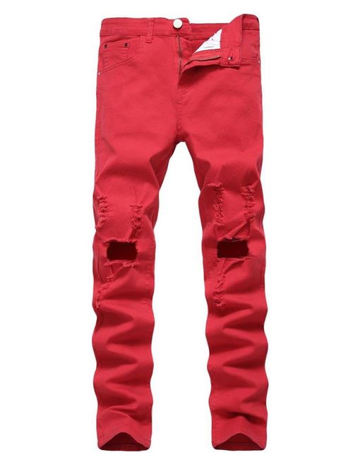 YTD Men's Zipper Biker Jeans Ripped Distressed Slit Denim Slim Stretch Moto Pants