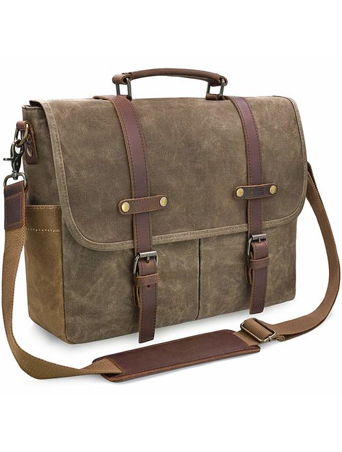 Messenger Bag Mens Canvas Leather 15.6 Inch Laptop Briefcase Crossbody Shoulder