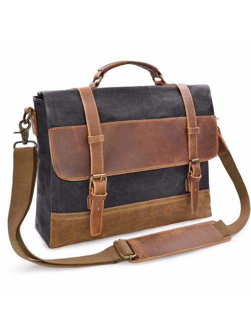 Messenger Bag Mens Canvas Leather 15.6 Inch Laptop Briefcase Crossbody Shoulder