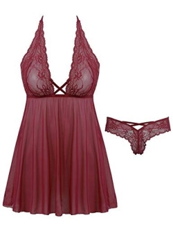 Joyaria Womens Sexy 2 Piece Lingerie Set Lace Babydoll Dress Mesh Nighty(Wine Red,Large)