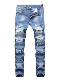 Enrica Men's Ripped Distressed Destroyed Straight Fit Washed Denim Jeans