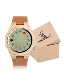 BOBO Bird Men's Bamboo Wooden Watch with Black Cowhide Leather Strap 12 Holes Timer Design Sports Casual Watches