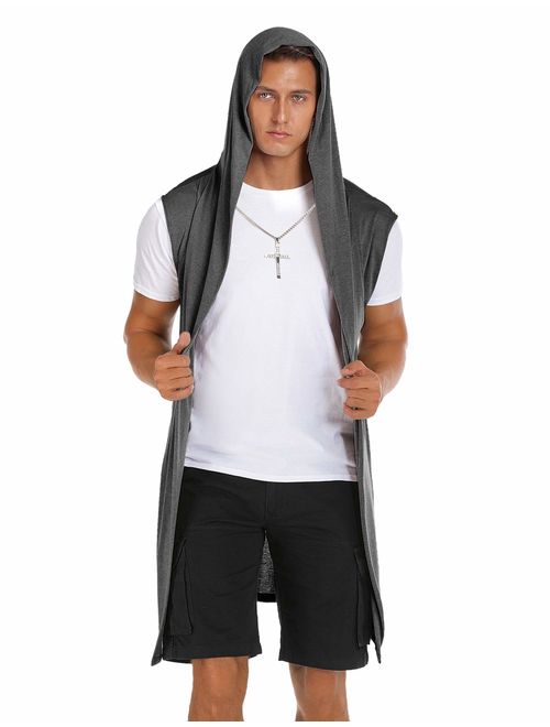 RAGEMALL Mens Long Cardigan Open Front Draped Lightweight Hooded Sweater with Pockets