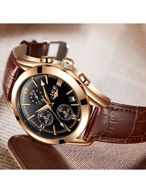 LIGE Mens Watch Leather Analog Quartz Wristwatch Men Date Business Dress Wristwatch Men's Casual Waterproof Sport Clock Black Brown