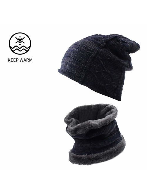 XIAOHAWANG Winter Men Hat Knit Cable Visor Beanie with Fleece Lining Patchwork Stripe Newsboy Cap with Brim for Outdoor Sport