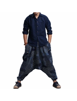 BITLIVE Men's Cotton Linen Plus Size Stretchy Waist Casual Ankle Length Pants