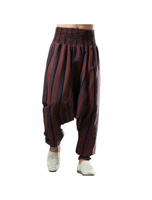 BITLIVE Men's Cotton Linen Plus Size Stretchy Waist Casual Ankle Length Pants