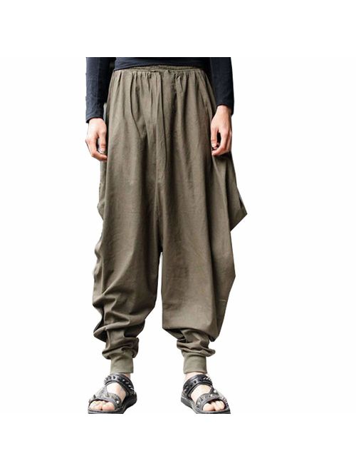 BITLIVE Men's Cotton Linen Plus Size Stretchy Waist Casual Ankle Length Pants