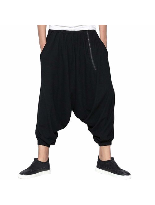 BITLIVE Men's Cotton Linen Plus Size Stretchy Waist Casual Ankle Length Pants