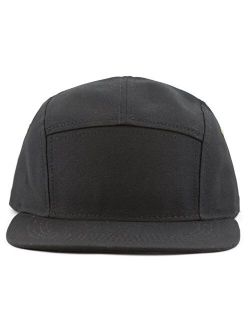 The Hat Depot Made in USA Cotton Twill 5 Panel Flat Brim Genuine Leather Brass Biker Board Cap