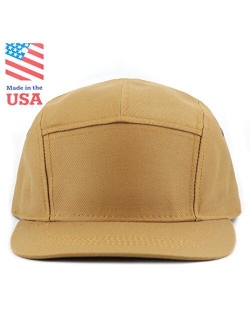 The Hat Depot Made in USA Cotton Twill 5 Panel Flat Brim Genuine Leather Brass Biker Board Cap