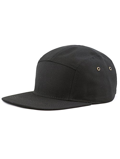 The Hat Depot Made in USA Cotton Twill 5 Panel Flat Brim Genuine Leather Brass Biker Board Cap