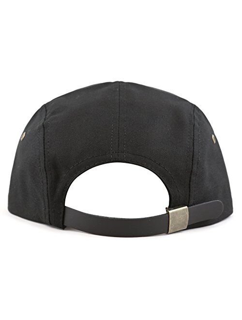 The Hat Depot Made in USA Cotton Twill 5 Panel Flat Brim Genuine Leather Brass Biker Board Cap