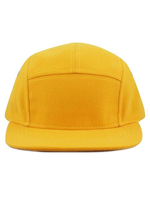 The Hat Depot Made in USA Cotton Twill 5 Panel Flat Brim Genuine Leather Brass Biker Board Cap