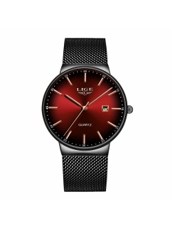 LIGE Mens Watches Ultra-Thin Waterproof Stainless Steel Mesh Wrist Watches Business Dress with Date Analog Quartz Watch Man