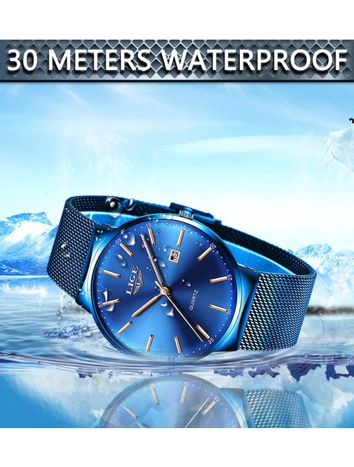 LIGE Mens Watches Ultra-Thin Waterproof Stainless Steel Mesh Wrist Watches Business Dress with Date Analog Quartz Watch Man