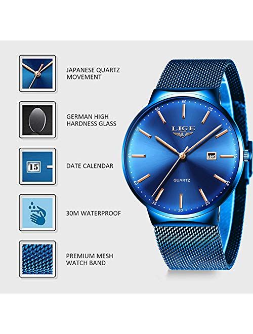 LIGE Mens Watches Ultra-Thin Waterproof Stainless Steel Mesh Wrist Watches Business Dress with Date Analog Quartz Watch Man