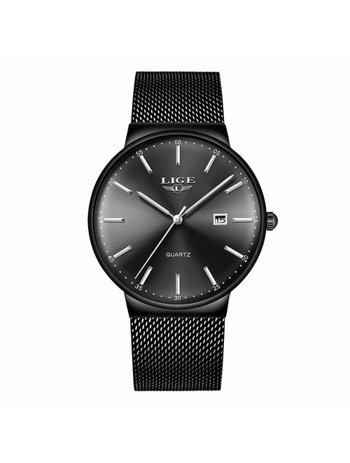 LIGE Mens Watches Ultra-Thin Waterproof Stainless Steel Mesh Wrist Watches Business Dress with Date Analog Quartz Watch Man