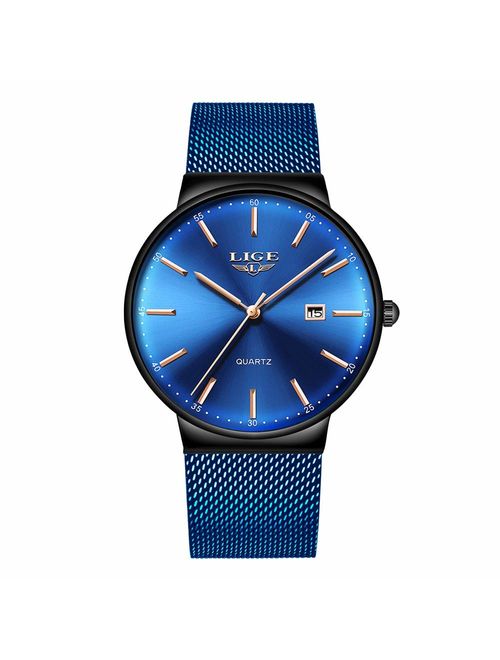 LIGE Mens Watches Ultra-Thin Waterproof Stainless Steel Mesh Wrist Watches Business Dress with Date Analog Quartz Watch Man