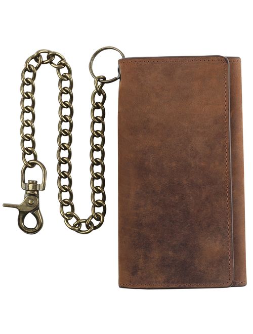 RFID Blocking Mens Tri-fold Long Style Cowhide Leather Steel Chain Wallet,