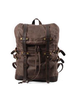 School Backpack, Vintage Waxed Canvas Leather Laptop Backpack for Men/Women 15.6" Waterproof Travel Rucksack-Large capacity