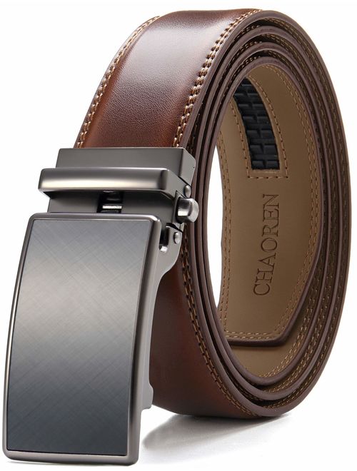 Chaoren Leather Ratchet Dress Belt 1 3/8 with Formal Slide Buckle, Adjustable Trim to Fit in Gift Box