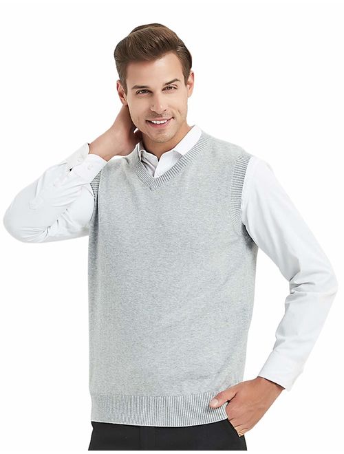 TOPTIE Mens Business Solid Color Plain Sweater Vest, Cotton Fit Casual Pullover