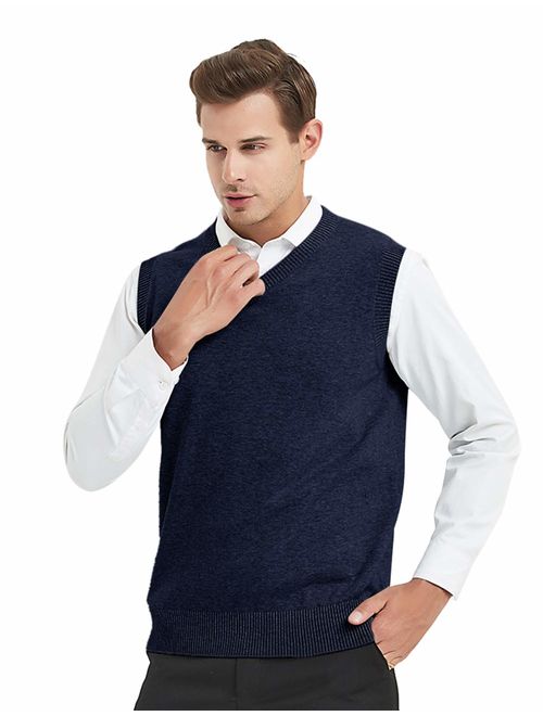 TOPTIE Mens Business Solid Color Plain Sweater Vest, Cotton Fit Casual Pullover