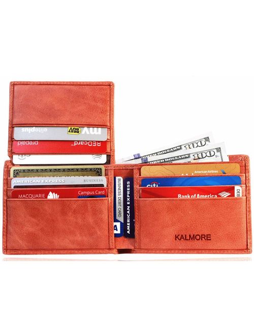 KALMORE Men's RFID Blocking Flip-ID Window Bifold Genuine Leather Pocket Wallet - in Gift Box