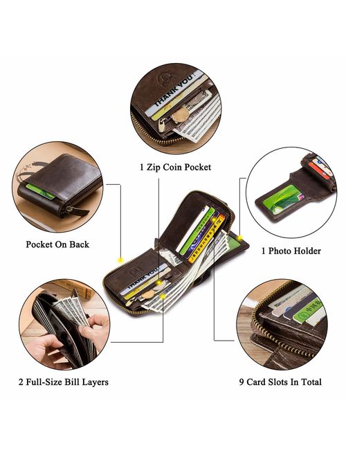 RFID Bifold Men's Cowhide Leather Zip Around Wallet Vintage Travel Multi Card Holder Purse