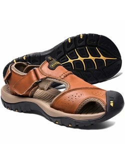 VISIONREAST Mens Leather Sandals Outdoor Hiking Sandals Waterproof Athletic Sports Sandals Fisherman Beach Shoes Closed Toe Water Sandals