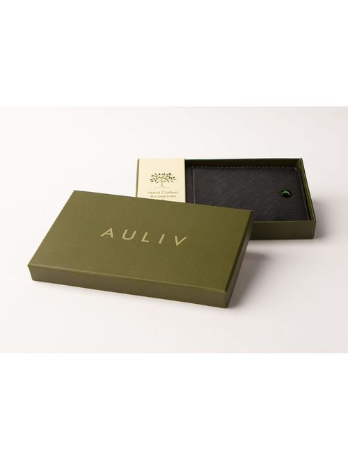 AULIV RFID Blocking Thin Minimalist Magic Wallet Card Case Vegetable Tan Leather with Gift Box, Dark Tan