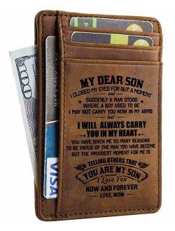 Minimalist Wallets Gift for Son from Mom - Engraved Leather Front Pocket Wallet - Custom Wallet RFID Blocking