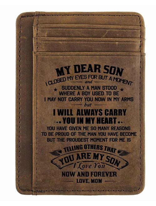 Minimalist Wallets Gift for Son from Mom - Engraved Leather Front Pocket Wallet - Custom Wallet RFID Blocking