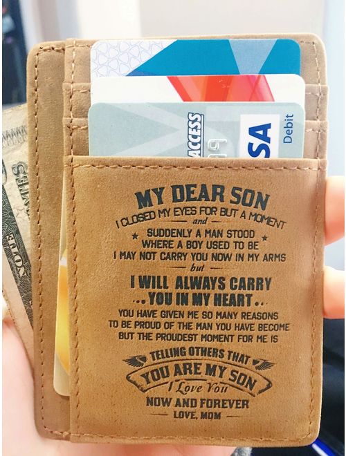 Minimalist Wallets Gift for Son from Mom - Engraved Leather Front Pocket Wallet - Custom Wallet RFID Blocking