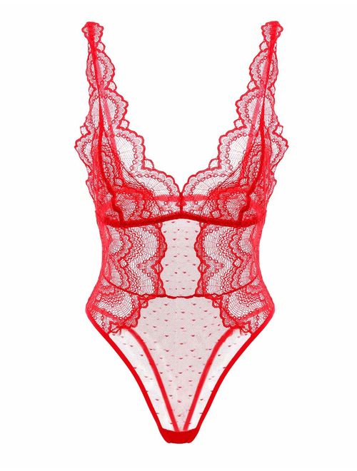 Garmol Women Sexy Lace Bodysuit Dobby Mesh Body Teddy Lingerie