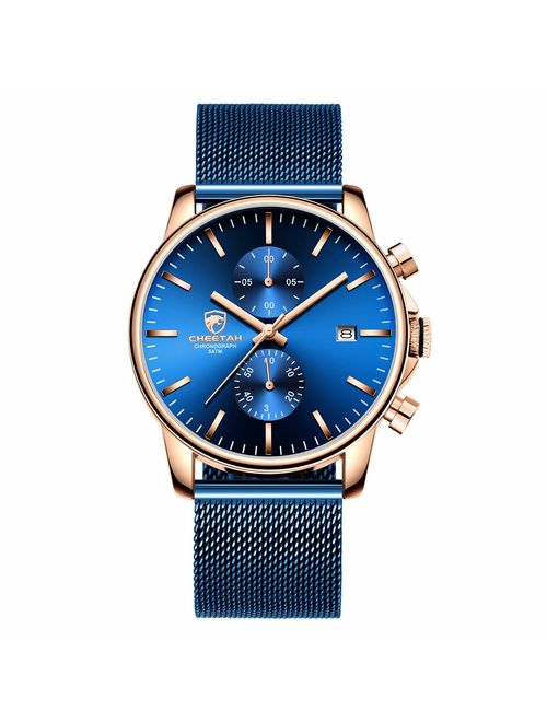 GOLDEN HOUR Men's Watches Fashion Sport Quartz Analog Black Mesh Stainless Steel Waterproof Chronograph Wrist Watch, Auto Date in Blue/Red/Gold Hands