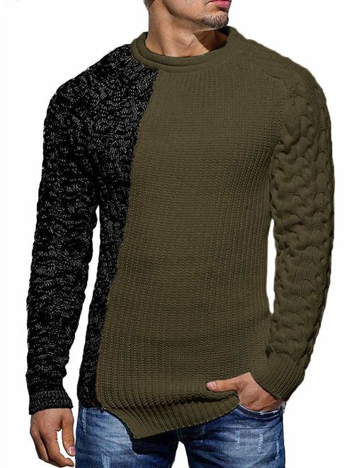 Taoliyuan Mens Pullover Sweater Winter Ribbed Knitted Color Block Comfort Stylish Twisted Long Sleeves Sweaters